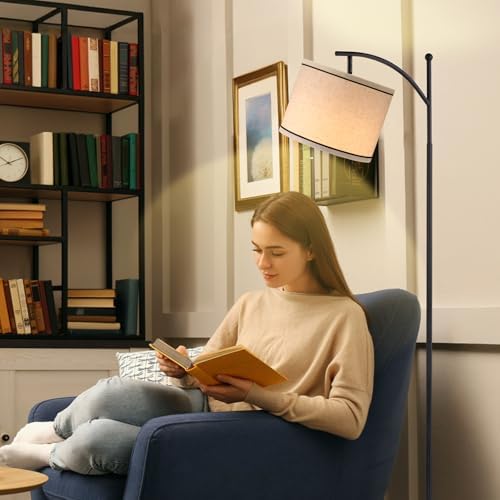 Ambimall 60" Floor Lamp for Living Room with 3 Color Temperatures, Beige Lampshade with Black Stripes, Tall Lamp for