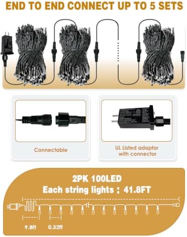 2 Pack Extendable Christmas String Lights Indoor Outdoor 200 LED Multicolor