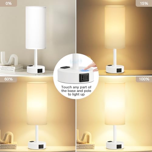 Fenmzee White Bedside Lamp for Bedroom, Dimmable Touch, USB A+C, AC Outlet