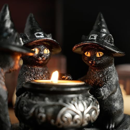 Halloween Black Cat Witches Tealight Candle Holder, Gothic Resin Statue with Decorative Cauldron, Indoor Home Decor (Black)