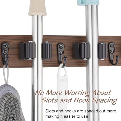 OUTNILI Mop and Broom Holder Wall Mount - Wood Broom Mop Hanger - Wall Mounted Garden Tool Rack Organizer for Closet