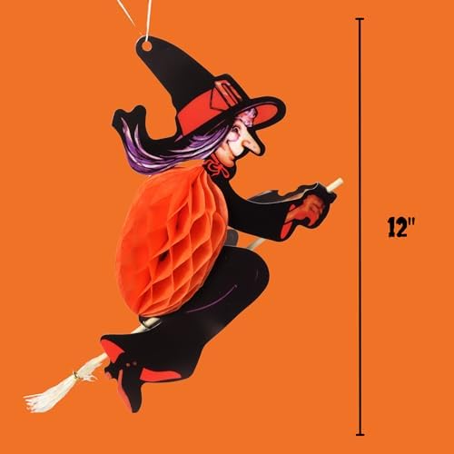 Needzo Halloween Party Decorations, Orange Hanging Honeycomb Witch Cutouts, Festive Paper Accessories, 12 Inches