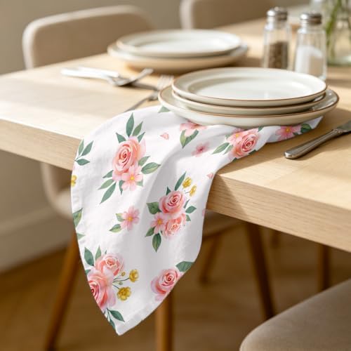 Pink Floral Dinner Cloth Napkins Set of 4, 18 x 18 Inch Washable Reusable Fabric Napkins, Gifts for Flower Lovers, Bridal Shower Wedding Tea Party Table Decor