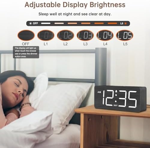 DreamSky Wooden Digital Alarm Clock for Bedroom with Large Numbers