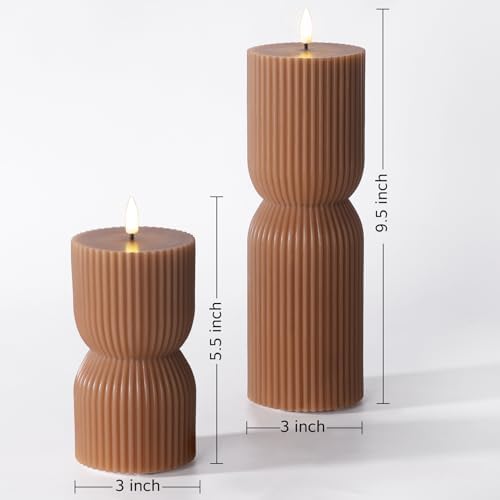 Brown Ribbed Fall Flameless Pillar Candles with Remote Set of 2