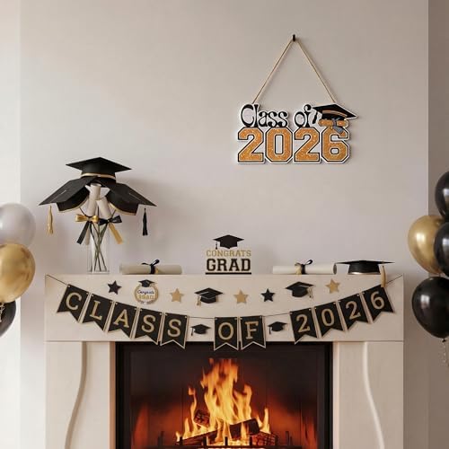 Smile Class of 2026 Graduation Wooden Door Hanger, Black & Gold Glittered Grad Cap & Diploma Front Door Sign for Graduation Party Decorations