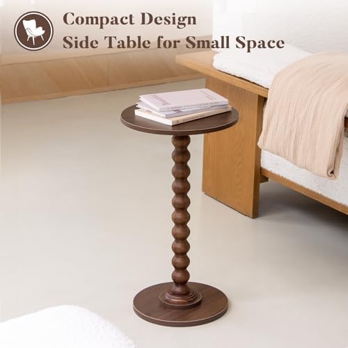 Fultyle Small Round Side Table, Walnut End Table for Small Spaces, Modern Drink Table Accent Table with Solid Wood Leg