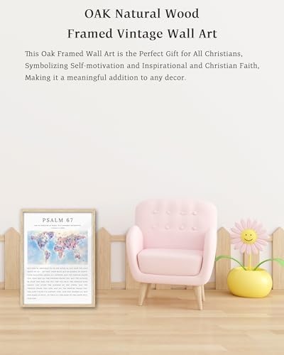 KensTro 12x16 Oak Framed Psalm 67 Christian World Map Wall Art