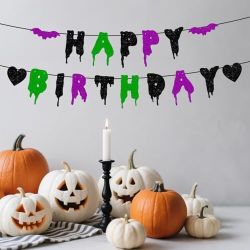 Happy Birthday Halloween Banner NO DIY Glitter Halloween Birthday Party Decorations for Home Office Wall Mantle Scary Party Decorations (Black Green Purple)
