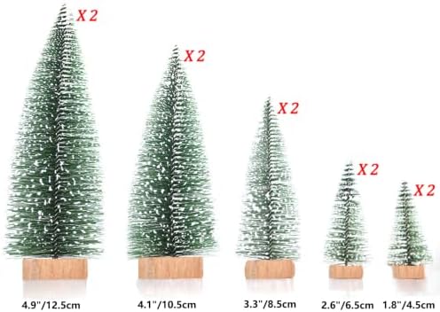 Yahpetes Miniature Christmas Tree 10 Pcs Pine Trees Sisal Trees Snow Frost Ornaments with Wooden Bases for Miniature Scenes, Christmas Crafting and Designing, 5 Size