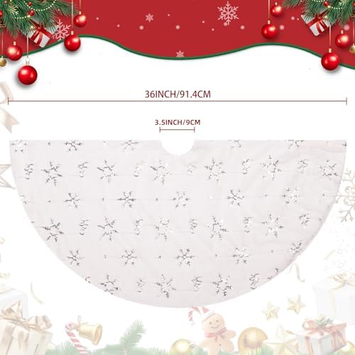 Christmas Tree Skirt White, 36 Inch Large Soft Plush Xmas Tree Skirts, Double Layer Luxury Tree Skirt w/Silver Snowflake Sequin, Christmas Trees Decoration for Holiday Party Indoor Party Home Decor