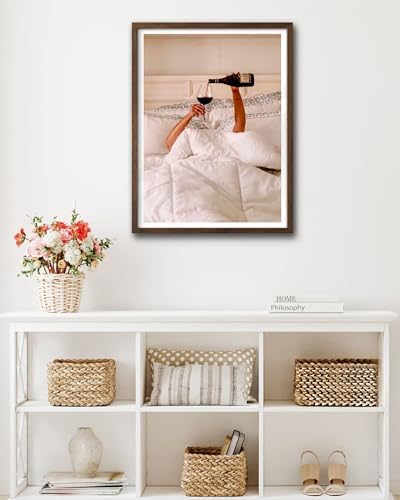 EcoHest 12x16 in Woman Drinking Wine in Bed Framed Wall Art for Bedroom
