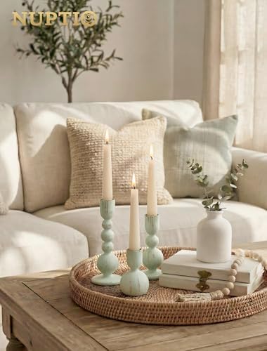 NUPTIO Wooden Taper Candle Holders, Set of 3 Sage Green Candlesticks