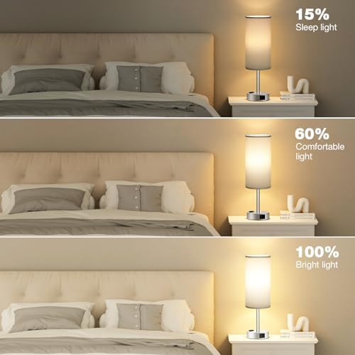 Fenmzee Grey Bedside Lamp for Bedroom, Dimmable Touch, USB A+C, AC Outlet