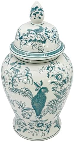Galt International Dark Teal Parrot Floral Chinoiserie Ceramic Temple Jar 18" w/Lid - Ginger Jar Home & Kitchen Decor