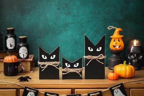 3 PCS Wooden Black Cats Decor, Spooky Cat Theme, Halloween Tiered Tray Decor, Farmhouse Halloween Tiered Tray and Mantle Decoration, Fall Accent, Wood Sign Rustic Style, Halloween Decoration Indoor