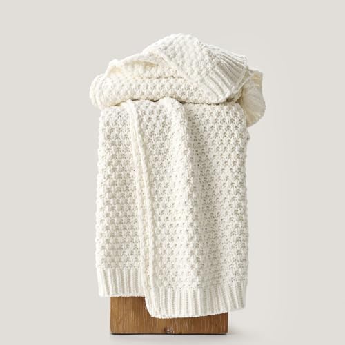 EVERGRACEHOME Chunky Chenille Knit Throw Blanket, 50 x 60, Bright White
