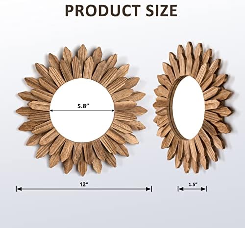 Honiway Wall Mirror Decorative 12 inch Rustic Wood Mirror Sunburst Boho Mirror for Entryway Bedroom Living Room