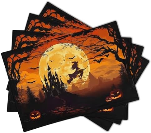 Halloween Placemats Set of 4 18x12 Inch Spooky Witch Bat Castle Pumpkin Linen Place Mats Heat-Resistant Washable Wipeable Fall Holiday Table Mats for Party Kitchen Dining Room Dinner Table Decor