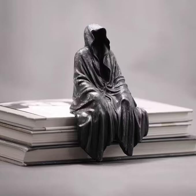 Grim Reaper Statue, Resin Gothic Throne Suriel Statue, Goth Acotar Bookshelf Decor Figurine Fantasy, Small Black Ghost Shelves Figure for Halloween Home Garden Sculpture (Death Sculpture 2PC)