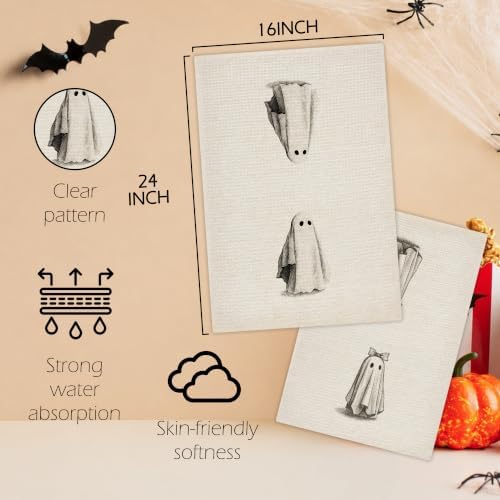 Neutral Halloween Ghost Kitchen Towels, Rustic Farmhouse Halloween Hand Towels for Bathroom Decor, Cute Spooky Ghost Dishcloths Dish Towel for Kitchen 16x24 Inches Set of 2