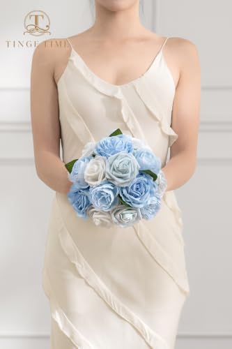 TINGE TIME 23pcs Artificial Wedding Flower Combo, Rose Peony Light Blue