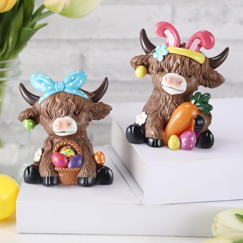 Karenhi 2 Pcs Highland Cow Figurines Resin, Bunny Ears Spring Decor