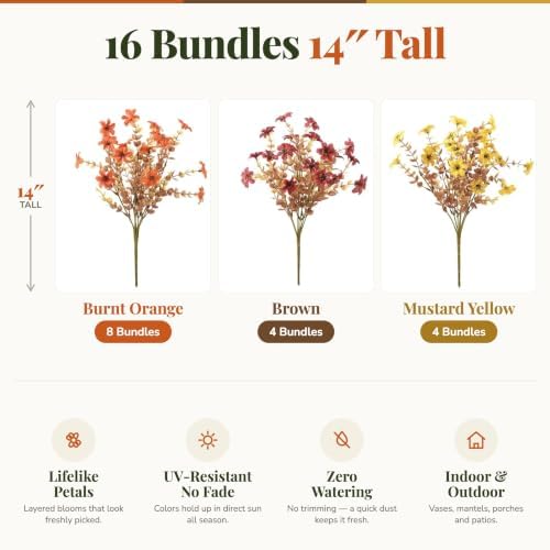 AXYLEX Artificial Fall Flowers Outdoor Fake Mums Brown Orange Yellow