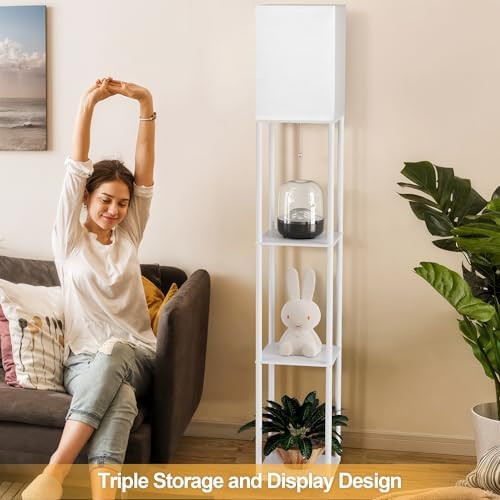 Floor Lamp with Shelves for Living Room White, Shelf Floor Lamp with 3 CCT LED Bulb, Corner Display Standing Column