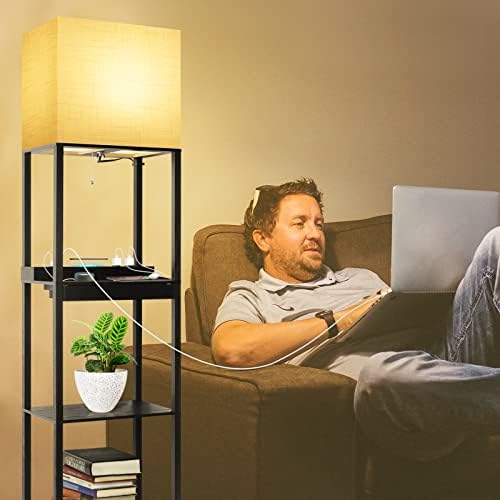 RUNTOP Plus Charging Station Floor Lamp with Wireless Charger, 2 USB-C Port, 2 Power Outlet, Floor Lamp with Shelves