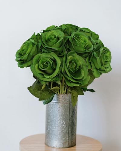 Artificial Green Roses Flowers, 12 Pcs Fake Rose in Bulk, Long Stem Realistic Silk Roses Bouquet for Spring Home Decor, St. Patrick's Day, Party Centerpieces, Flower Arrangement (Dark Green, 12-PCS)