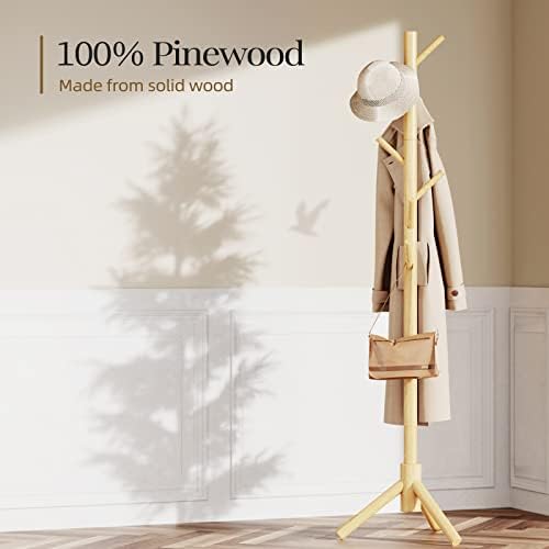 Pipishell Solid Wooden Coat Rack Freestanding with 8 Hooks, Natural