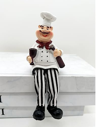 KiaoTime Set of 2 Home Kitchen Decor Chef Figurines Bread & Wine with Dangling Legs Shelf Sitters Figurine Statue for Kitchen Shelves, Cupboard, Countertop Display, Windowsill