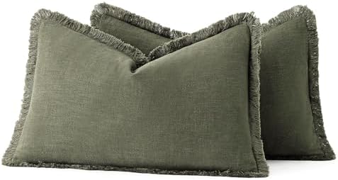 MIULEE Boho Linen Decorative Lumbar Throw Pillow Covers Olive Green 12x20