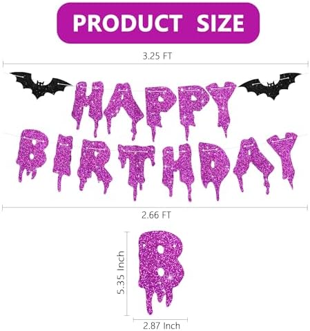 Purple Glitter Happy Birthday Halloween Banner- NO DIY - Halloween Hanging Paper Garland Bunting Banner Decorations, Party Supplies for Kids Boy Girl Birthday