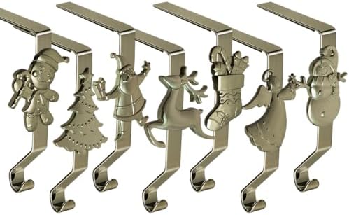 Christmas Stocking Holder for Mantle Set of 7, Reusable Christmas Stocking Hooks, No-Damage Xmas Hanger for Fireplace mantle Grip Stand Christmas Decoration Ornaments Hanging Bronze Shelf Floor