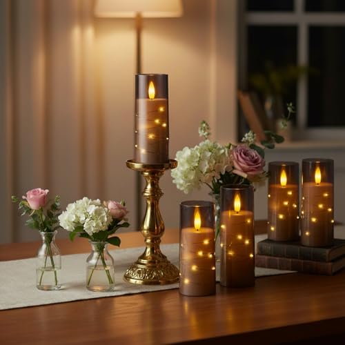 Raycare Flameless Battery Operated Pillar Candles with Remote Timer, Grey