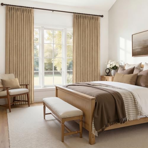 Pleated Linen Rust Brown Curtains 84 Inches Long 2 Panels Set for Bedroom, Memory Trained Pinch Pleat Light Filtering