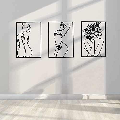 Glamativity Large 4 Pack Black Wall Art, Minimalist Single Line Art, Real Metal Wall Art, Woman's Body Shape Abstract