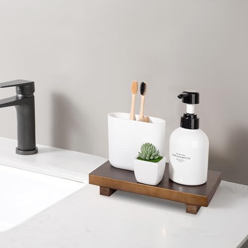 Bathroom Counter Organizer Wood Pedestal Stand Farmhouse Decorative Tray Soap / Walnut / 9 x 6 x 1.6