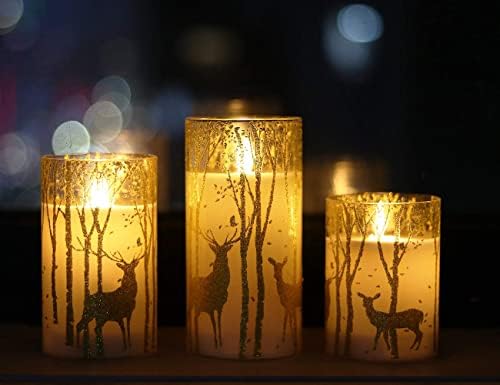 GenSwin Glass Flameless Candles with Elk Decor and Remote Timers, Battery Operated Moving Wick Led Flickering Light, Set of 3 Real Wax Pillar Candles for Christmas Home Decoration