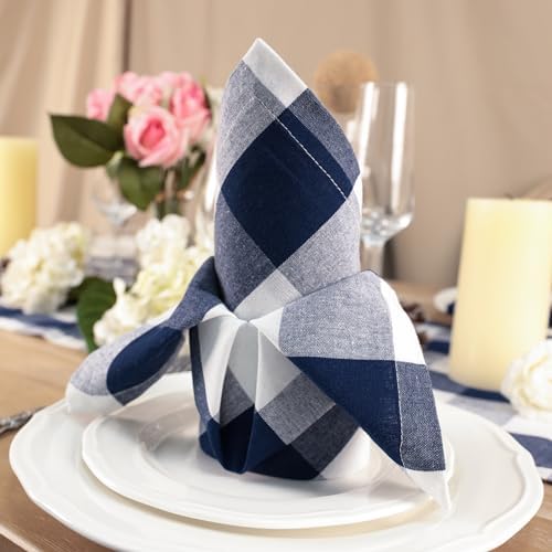 Cotton Blend Buffalo Plaid Table Napkins (Set of 4), 20 x 20 Inch Washable Dinner Napkins, Checks Cloth Napkins for Restaurant, Wedding, Holiday, Farmhouse, Navy and White