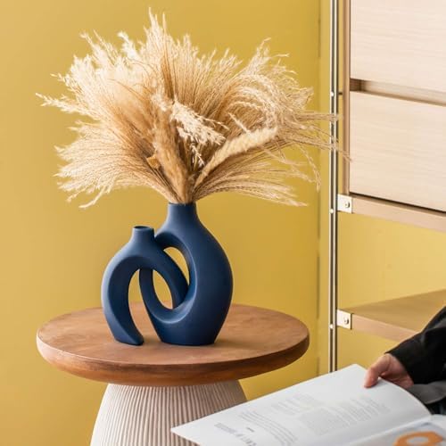 Lvases Snuggle Hollow Ceramic Flower Vase of 2, Navy Blue Home Decor Vases