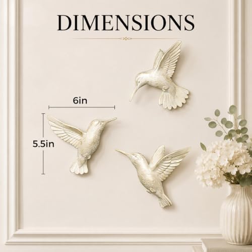 GUSFREUD 3D Hummingbird Wall Decor Set - Gold Resin Bird Wall Decor for Living Room, Bedroom and Gallery Walls - Ivory