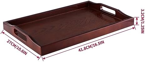 MDLUU Plastic Serving Tray, Ottoman Tray with Cutout Handles, Rectangle Butler Tray for Breakfast in Bed, Coffee Table Decor, Party (Red Brown)