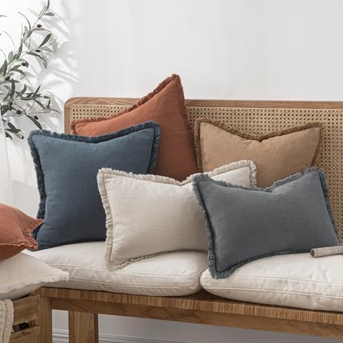 MIULEE Boho Linen Fringe Decorative Throw Pillow Covers Grey 18x18