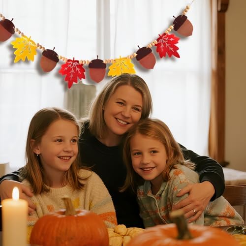 Thanksgiving Decorations Indoor, Fall Party Hanging Decor, Felt Pumpkins Leaves Garland and Wood Bead Banner for Home Mantel Fireplace Wall(Acorn+Maple Leaf)