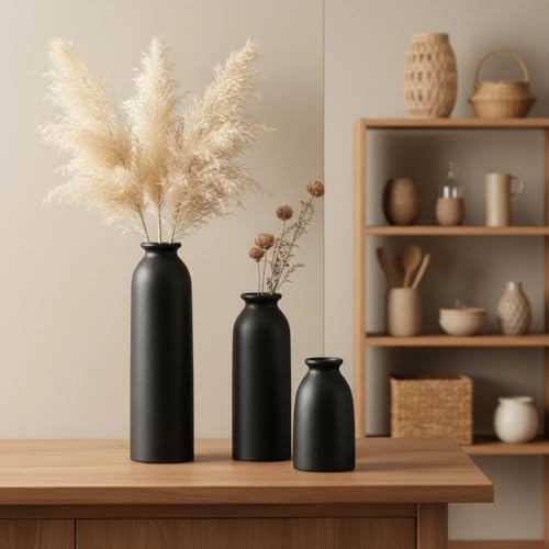 Black Ceramic vase Set-3 Flower vases for Decor / 3set-tall Black