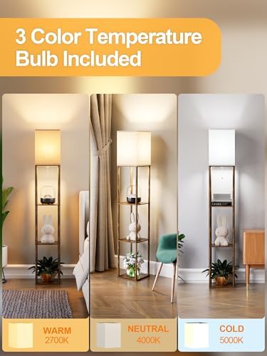 Floor Lamp with Shelves for Living Room Brown, Shelf Floor Lamp with 3 CCT LED Bulb, Corner Display Standing Column