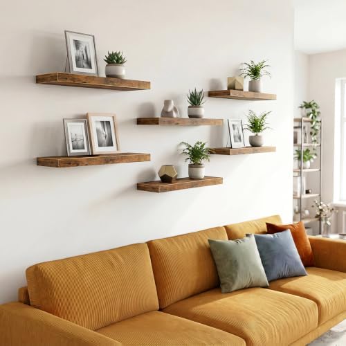 Fixwal Floating Wall Shelves for Decor (Rustic Brown, Set of 6, 15.7 Inch)